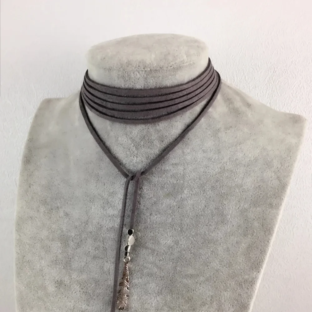 Vegan Leather Feather Long Wrap Necklace Choker - Picture 4 of 4